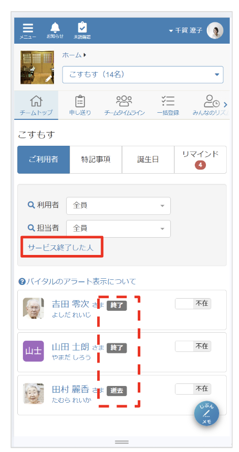 ケアコラボチームトップでサービスを終了した人のみを表示する方法の画像