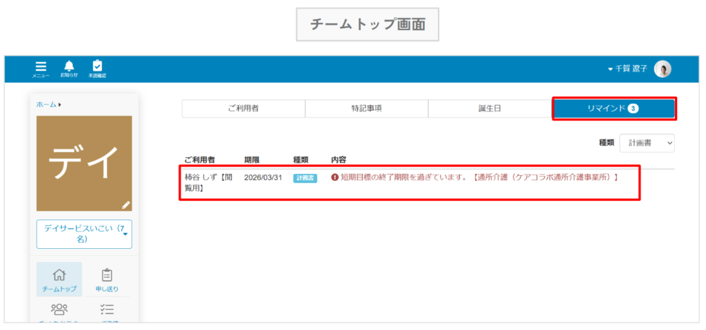 ケアコラボ計画書の有効期限切れを知らせるリマインド画面