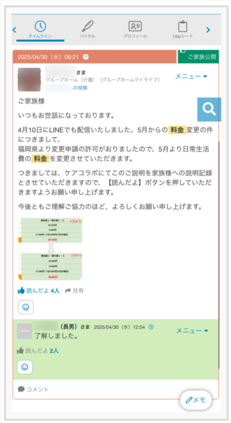 ケアコラボ活用術　株式会社よしながさん　事業所からご家族への案内をタイムライン記録で行っている説明のスクショ画面