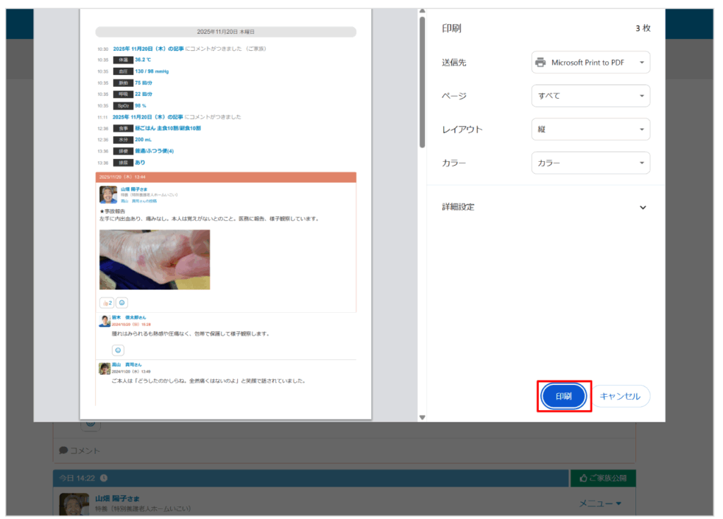 ケアコラボ タイムラインの印刷方法を説明する画面②