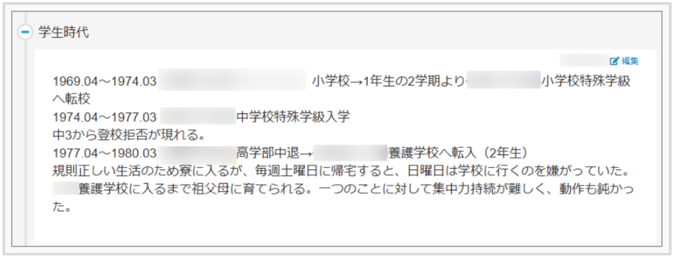 ケアコラボ 活用術
南高愛隣会さんの人生録活用。学生時代を丁寧にヒアイングした内容画像