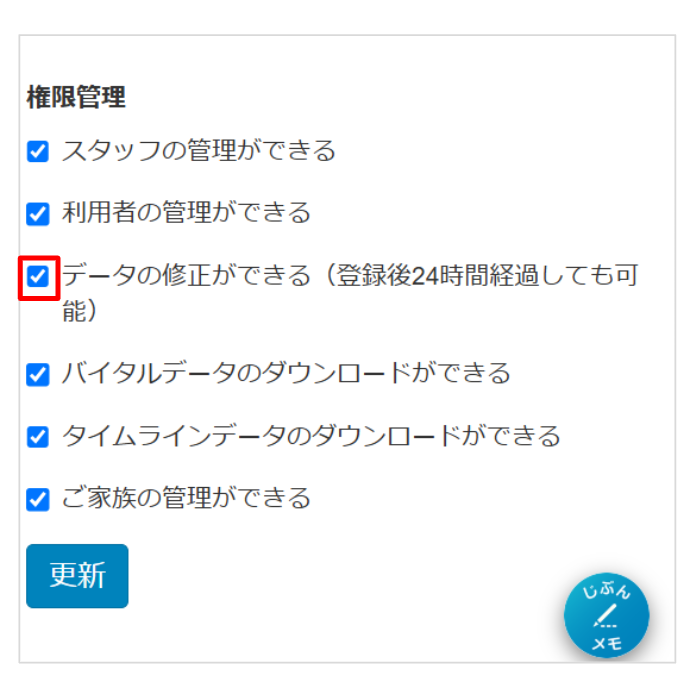ケアコラボスタッフ管理の権限付与でデータ修正ができる権限にチェックが入っている画像