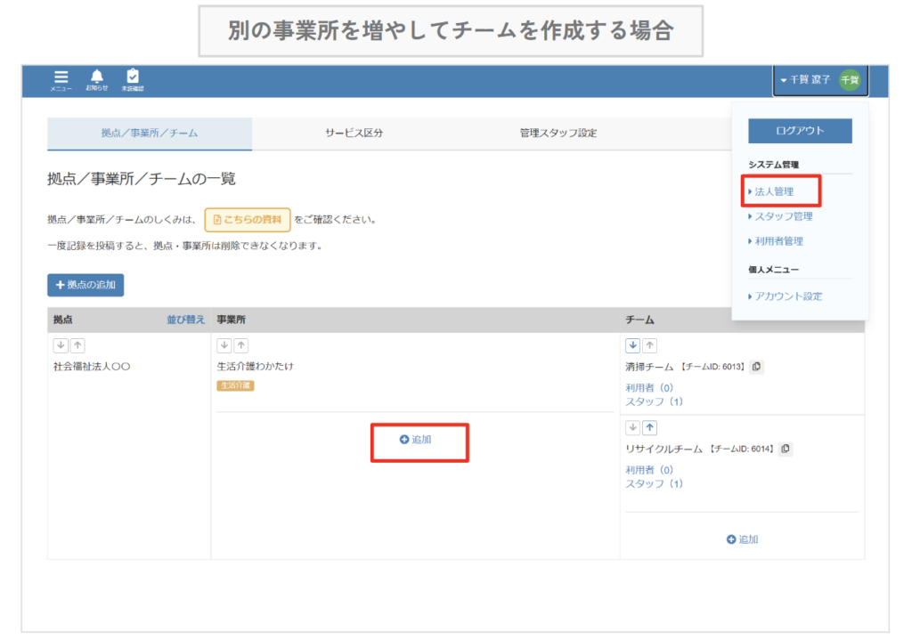 ケアコラボ法人画面から新しい事業所を追加する方法の画像